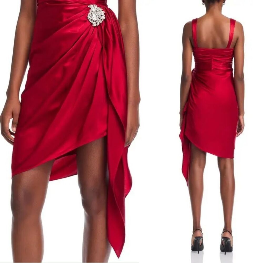 CINQ A SEPT Tate Asymmetric Hem Red Silk Mini Dress - Picture 5 of 12